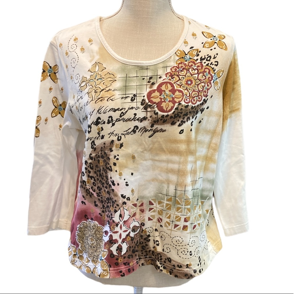 Napa Valley White, Brown Tan Floral Print Ladies Top- 100% Cotton
